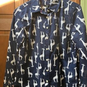 TALBOTS Navy Blue Button Down Blouse  Giraffe Motif Sp
